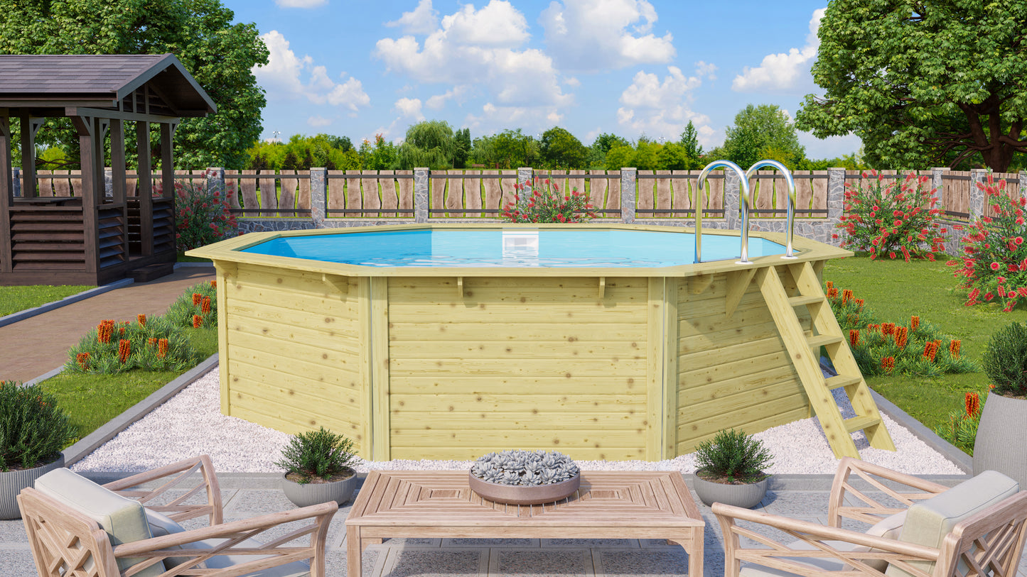 Trend Holzpool SET Achteck Langform | Blau | Metallecken | 610 x 400 x 124 cm | ca. 19,1 m³