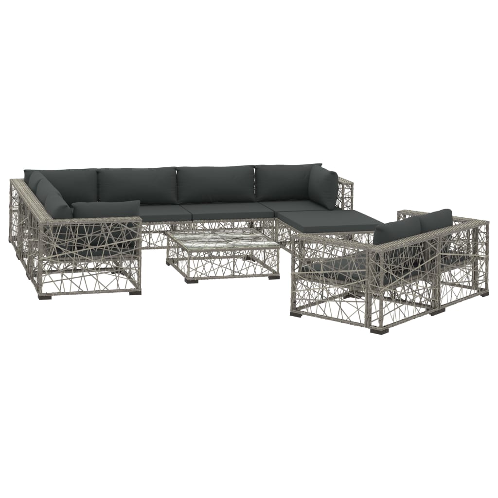 10-Tlg. Garten-Lounge-Set Mit Auflagen Poly Rattan Grau