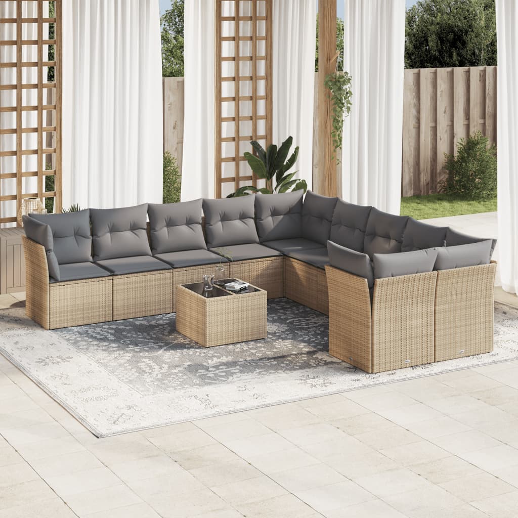 11-Tlg. Garten-Sofagarnitur Mit Kissen Beige Poly Rattan