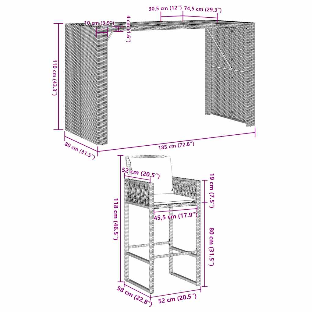 5-Tlg. Gartenbar-Set Mit Kissen Poly Rattan Akazie