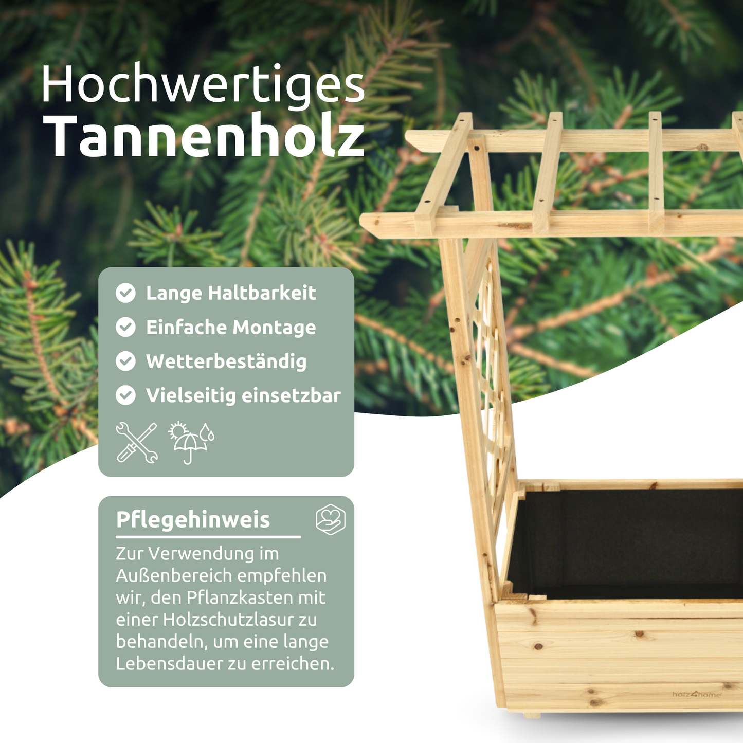 Pflanzkasten mit Dach aus Tannenholz inkl. Vlieseinlage S/M/XL