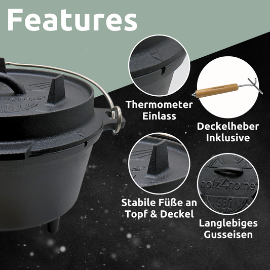 Dutch Oven Set 9-teilig in Holzkiste I 4,7L Feuertopf Viel Zubehör: kleiner Topf, Grillplatte, Pfanne, Handschuhe uvm.