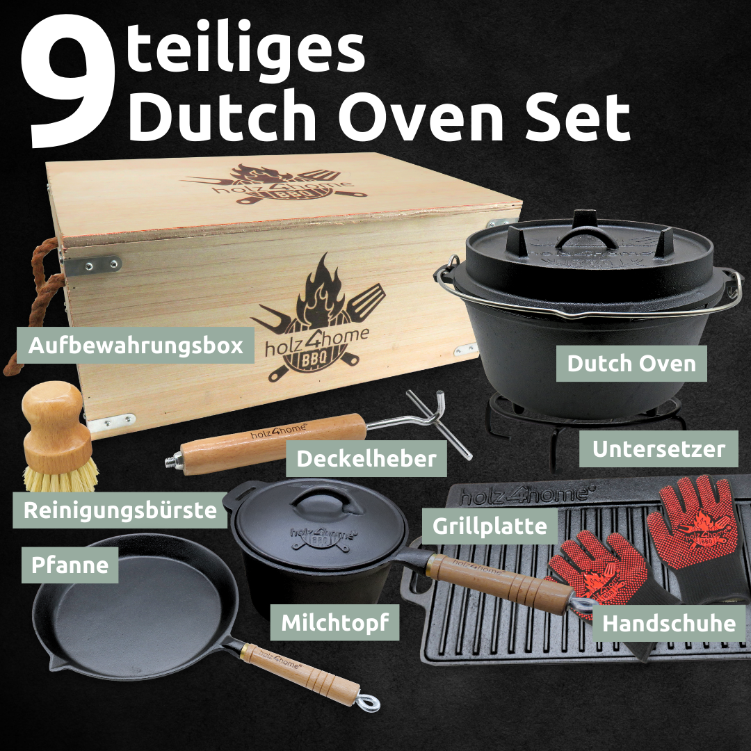 Dutch Oven Set 9-teilig in Holzkiste I 4,7L Feuertopf Viel Zubehör: kleiner Topf, Grillplatte, Pfanne, Handschuhe uvm.