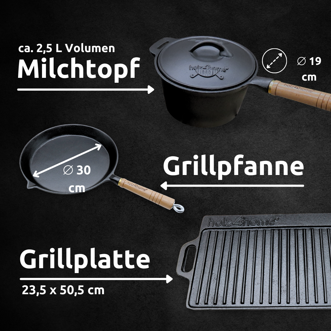 Dutch Oven Set 9-teilig in Holzkiste I 4,7L Feuertopf Viel Zubehör: kleiner Topf, Grillplatte, Pfanne, Handschuhe uvm.
