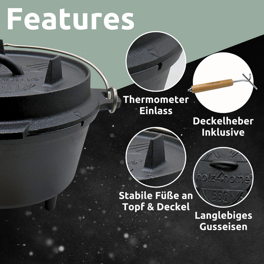 Dutch Oven Set 6-teilig I eingebrannter Feuertopf 9L aus Gusseisen I inkl. Pfanne, Topfständer, Deckelheber und Reinigungsbürste