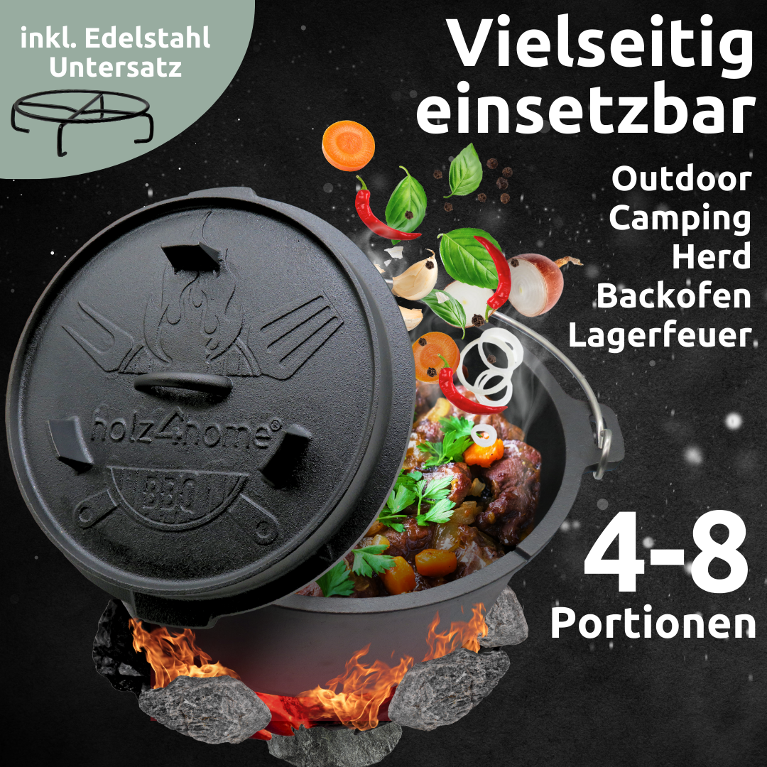 Dutch Oven Set 6-teilig I eingebrannter Feuertopf 9L aus Gusseisen I inkl. Pfanne, Topfständer, Deckelheber und Reinigungsbürste