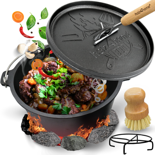 Dutch Oven ohne Füße I eingebrannter Feuertopf aus Gusseisen I inkl. Deckelheber, Topfständer und Reinigungsbürste