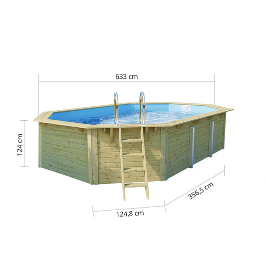 Trend Holzpool SET Achteck Langform | Blau | Metallecken | 610 x 400 x 124 cm | ca. 19,1 m³