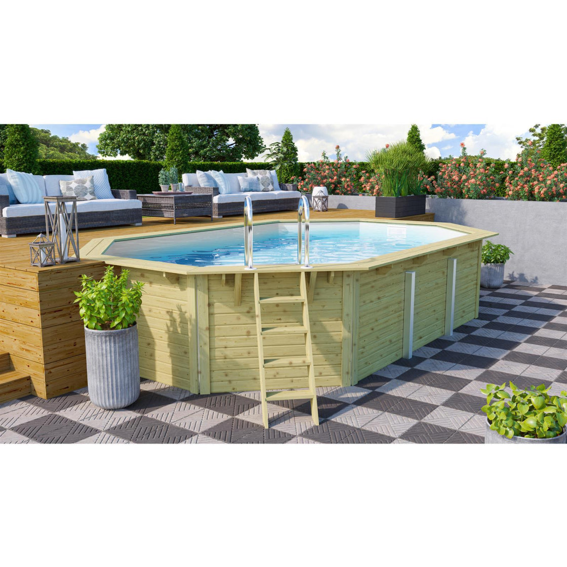 Trend Holzpool SET Achteck Langform | Weiß | Metallecken | 610 x 400 x 124 cm | ca. 19,1 m³