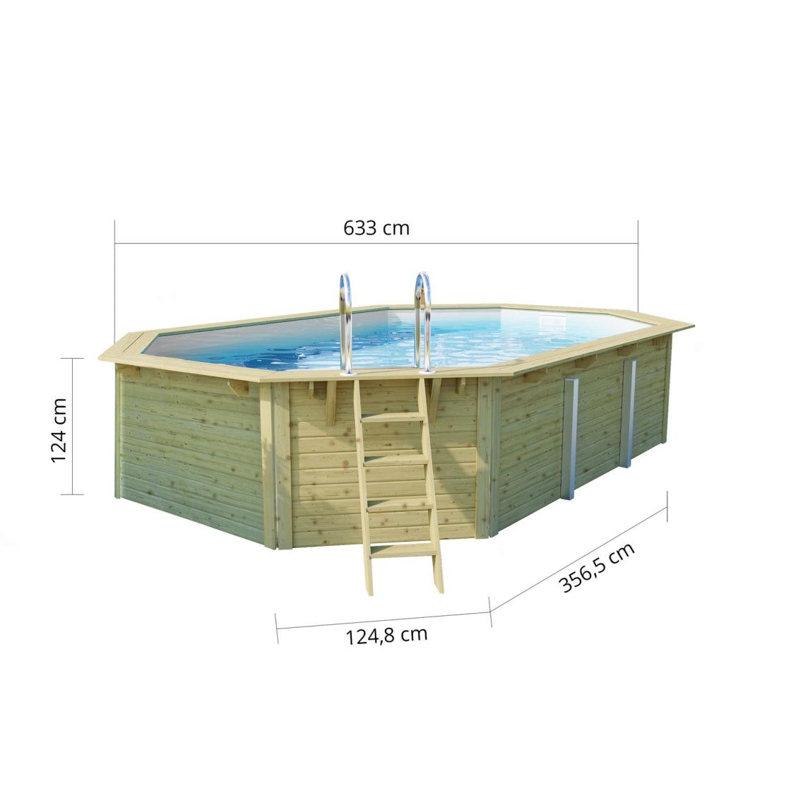 Trend Holzpool SET Achteck Langform | Weiß | Metallecken | 610 x 400 x 124 cm | ca. 19,1 m³