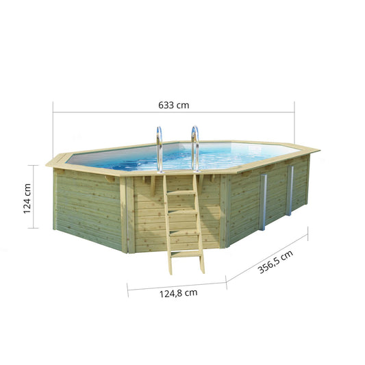 Trend Holzpool SET Achteck Langform | Weiß | Metallecken | 610 x 400 x 124 cm | ca. 19,1 m³