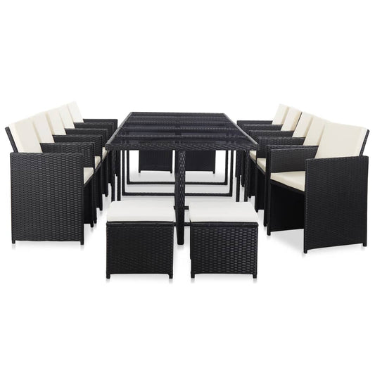 15-Tlg. Garten-Essgruppe Mit Kissen Poly Rattan Schwarz