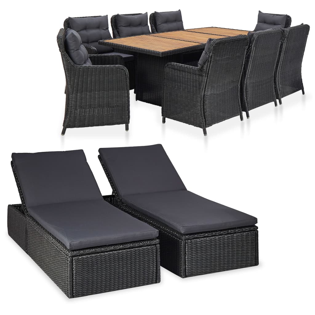11-Tlg. Garten-Essgruppe Poly Rattan Schwarz