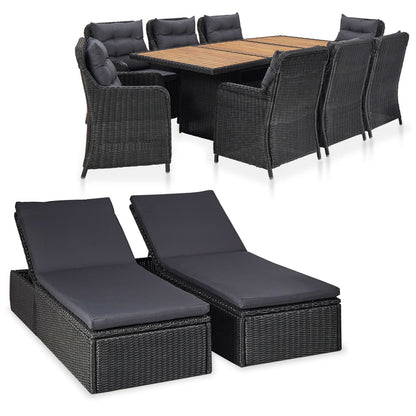 11-Tlg. Garten-Essgruppe Poly Rattan Schwarz