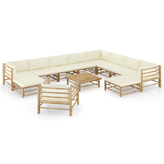 12-Tlg. Garten-Lounge-Set Mit Weißen Kissen Bambus