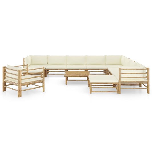 12-Tlg. Garten-Lounge-Set Mit Weißen Kissen Bambus