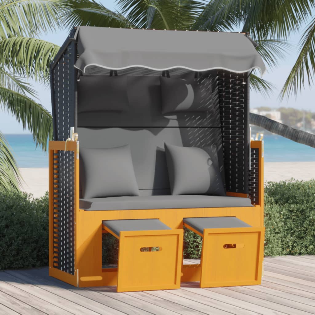 Strandkorb Mit Kissen Poly Rattan & Massivholz Schwarz & Grau