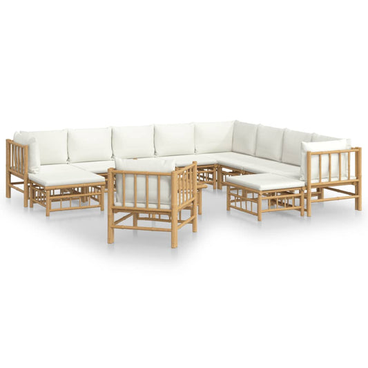 12-Tlg. Garten-Lounge-Set Mit Weißen Kissen Bambus