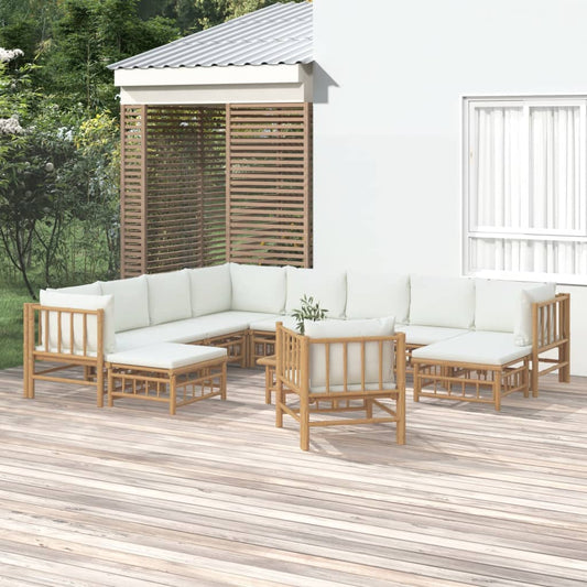 12-Tlg. Garten-Lounge-Set Mit Weißen Kissen Bambus
