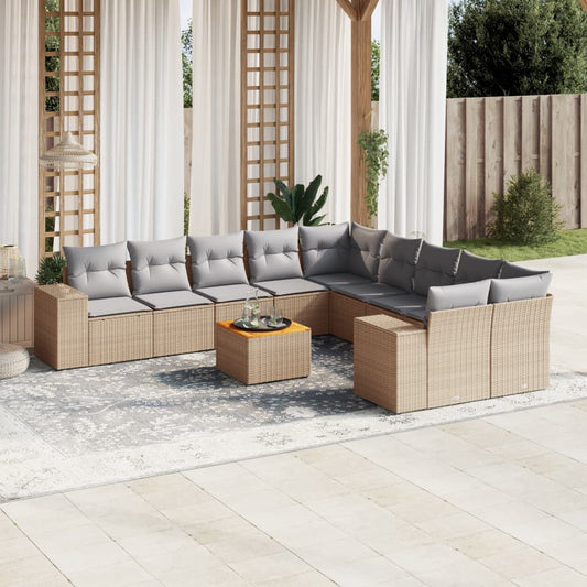 11-Tlg. Garten-Sofagarnitur Mit Kissen Beige Poly Rattan
