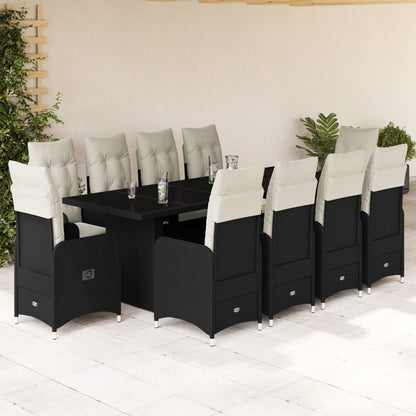 11-Tlg. Garten-Bistro-Set Mit Kissen Schwarz Poly Rattan