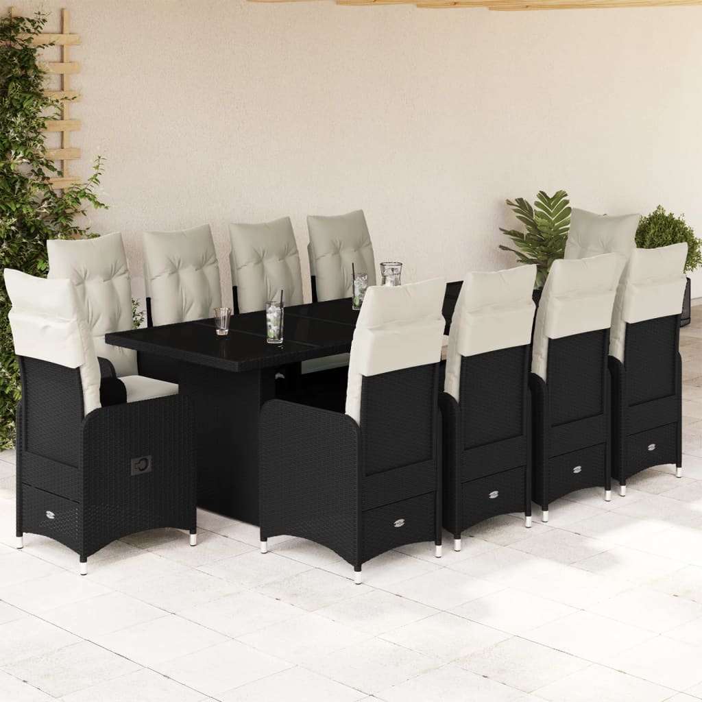11-Tlg. Garten-Bistro-Set Mit Kissen Schwarz Poly Rattan