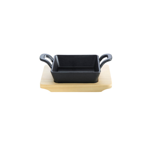 Gusseisenpfännchen -quadratisch- mit 2 Griffen 14 x14 cm und Holzuntersetzer
