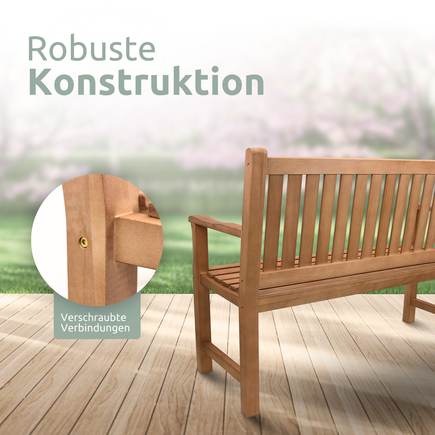 Gartenbank aus Holz mit Schutzabdeckung und Gartenhandschuhen