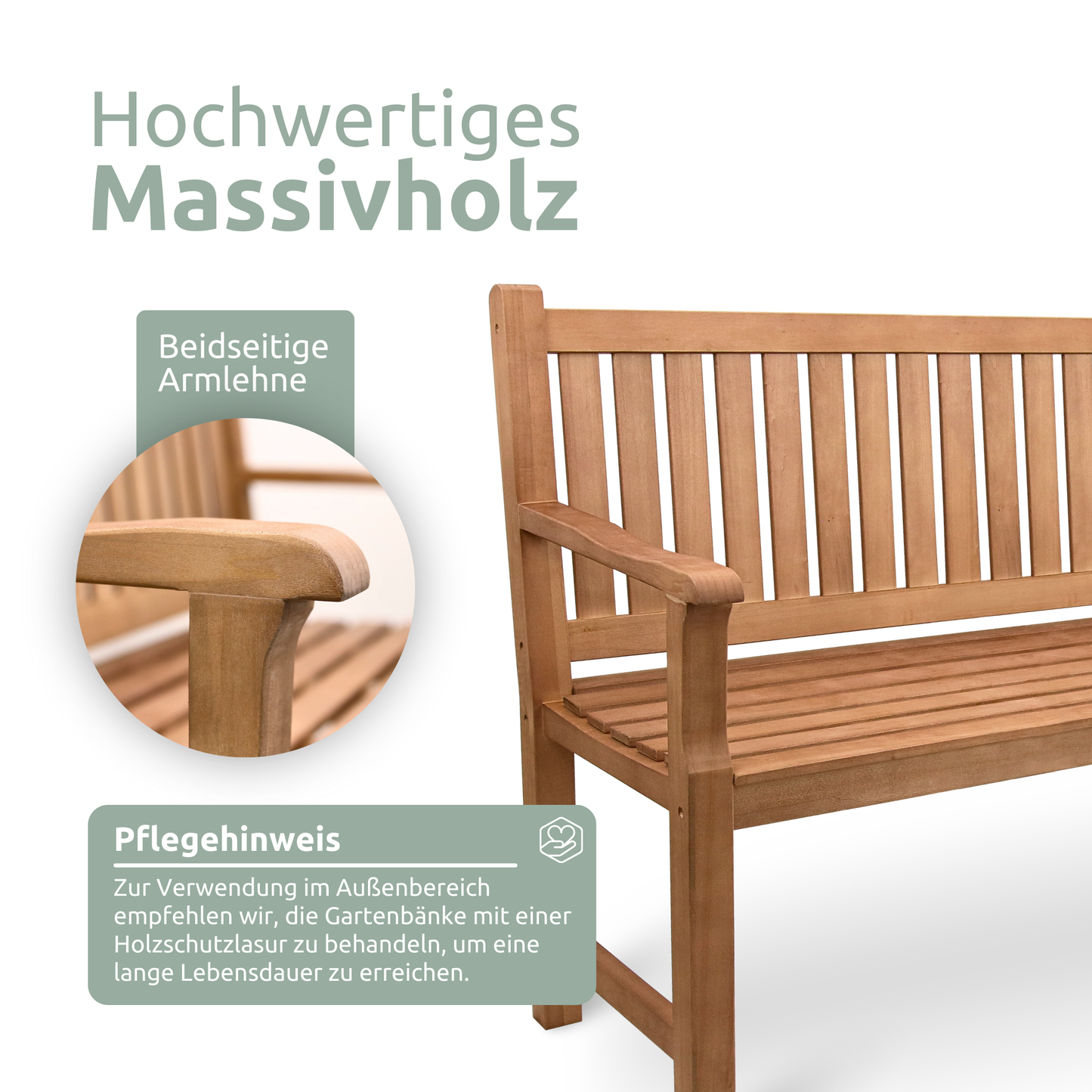 Gartenbank aus Holz mit Schutzabdeckung und Gartenhandschuhen