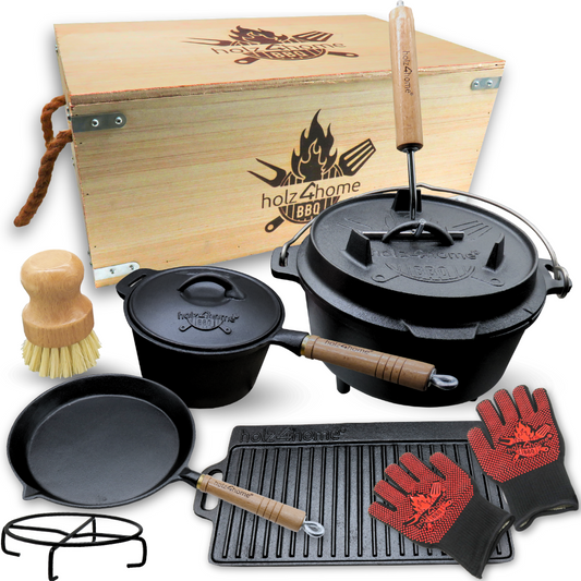Dutch Oven Set 9-teilig in Holzkiste I 4,7L Feuertopf Viel Zubehör: kleiner Topf, Grillplatte, Pfanne, Handschuhe uvm.