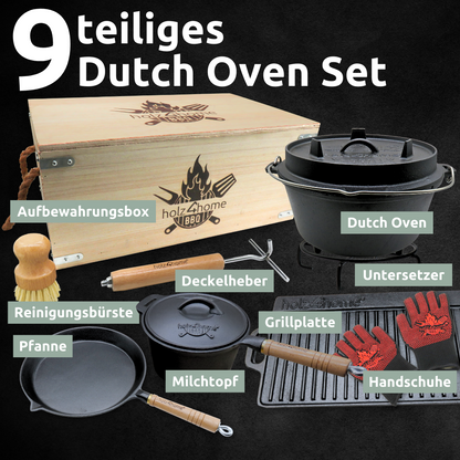 Dutch Oven Set 9-teilig in Holzkiste I 4,7L Feuertopf Viel Zubehör: kleiner Topf, Grillplatte, Pfanne, Handschuhe uvm.