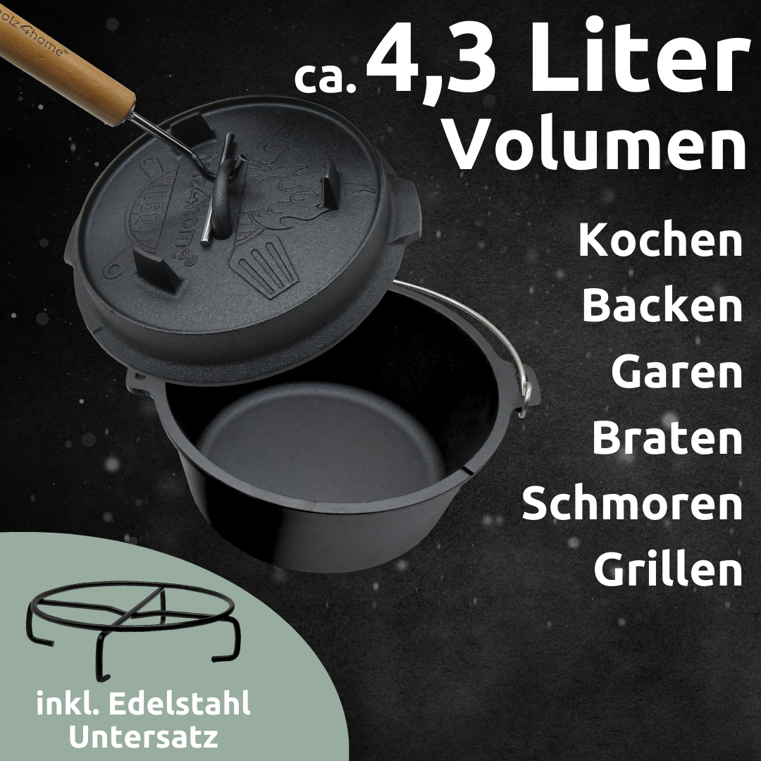 Dutch Oven Set 9-teilig in Holzkiste I 4,7L Feuertopf Viel Zubehör: kleiner Topf, Grillplatte, Pfanne, Handschuhe uvm.