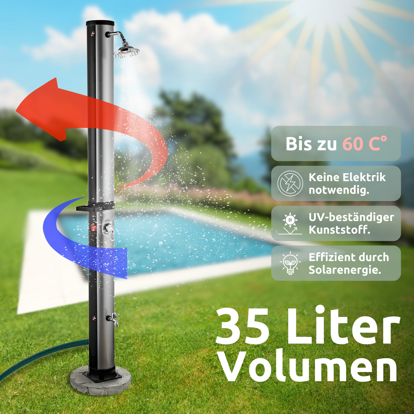 Outdoor Solardusche mit Wasserspeicher für Garten, Pool und Camping
