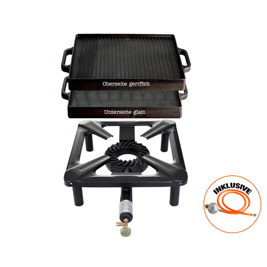 Hockerkocher-Set (klein) mit Gusseisengrillplatte 32 x 32 cm inkl. Gasschlauch & Regler
