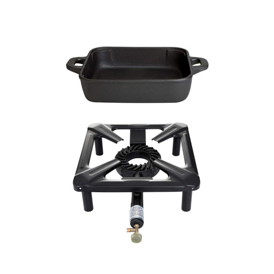 Hockerkocher-Set (klein) mit Gusseisenpfanne 26 x 26 cm - ohne Zündsicherung