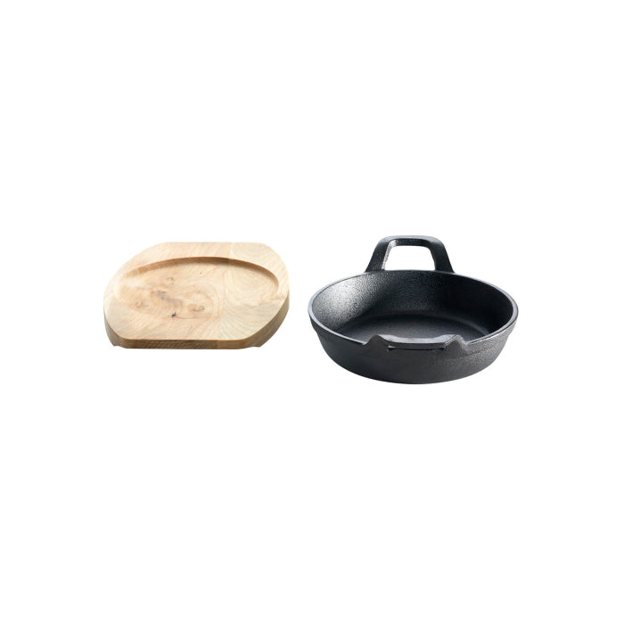 Gusseisenpfännchen mit 2 Griffen Ø 12 cm und Holzuntersetzer