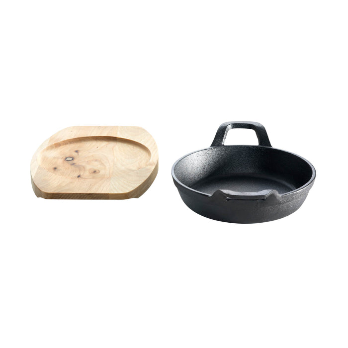 Gusseisenpfännchen mit 2 Griffen Ø 15 cm und Holzuntersetzer