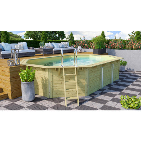 Trend Holzpool SET Achteck Langform | Sand | Metallecken | 610 x 400 x 124 cm | ca. 19,1 m³