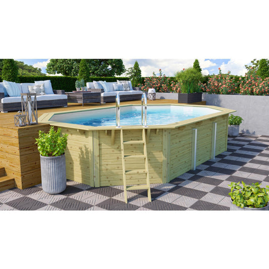 Trend Holzpool SET Achteck Langform | Weiß | Metallecken | 610 x 400 x 124 cm | ca. 19,1 m³